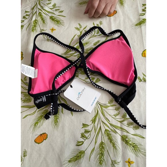 Dolfin Uglies Revibe Black Triangle Bikini Top With Pink Lining & Striped Trim M - Picture 2 of 8